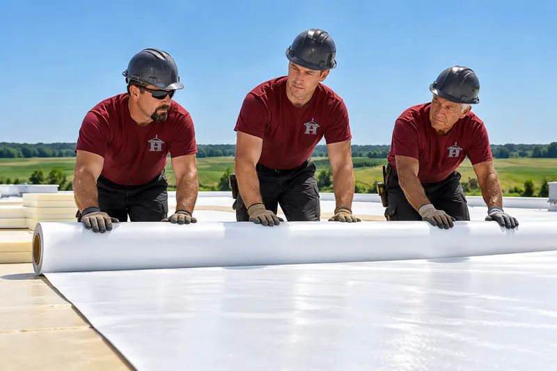 Roofing crew installing white TPO membrane on a low-slope commercial roof