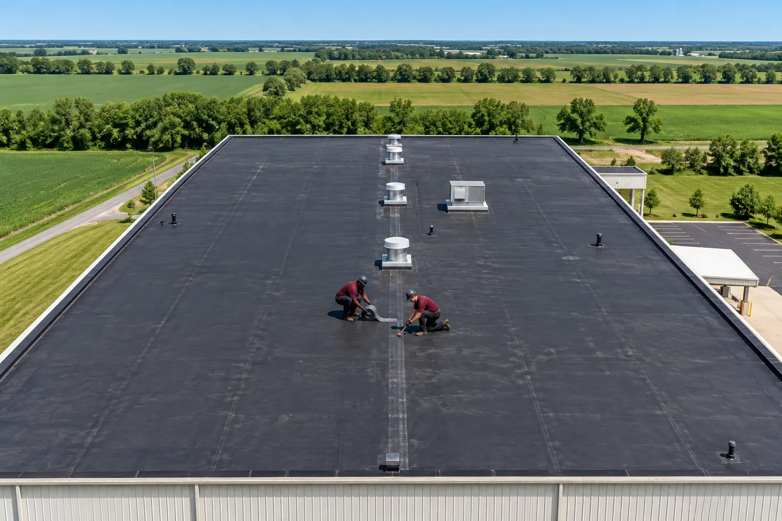 Crew laying black EPDM rubber membrane on a flat commercial roof