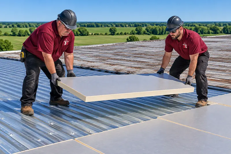 Crew tearing off an old commercial roof down to the deck