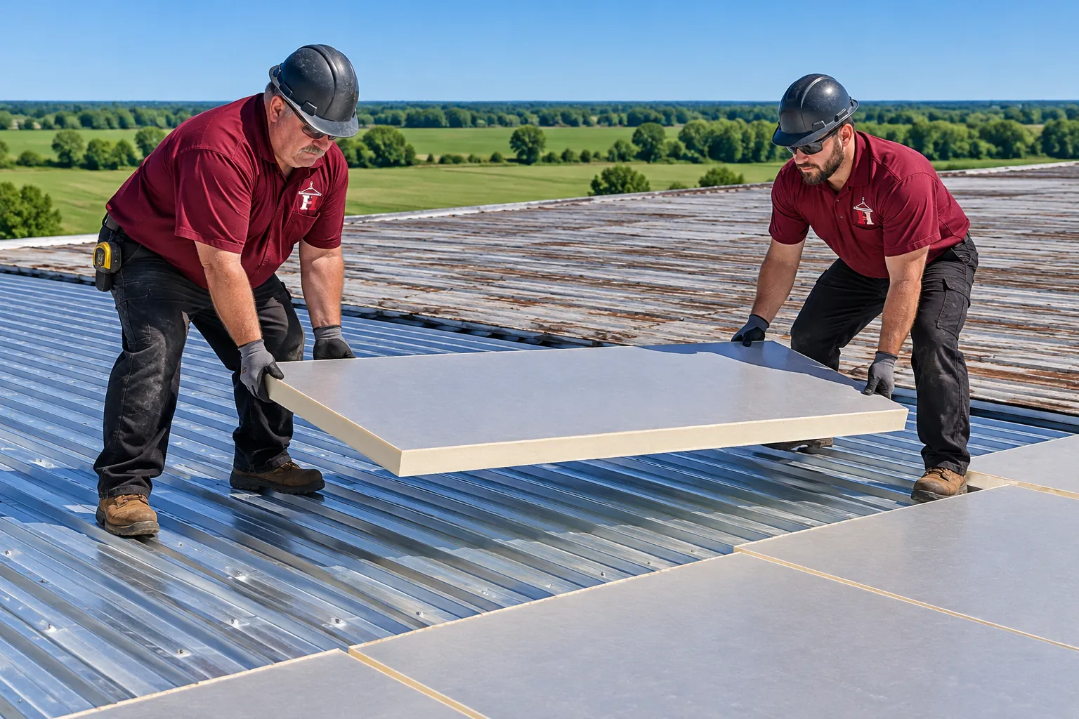 Crew tearing off an old commercial roof down to the deck